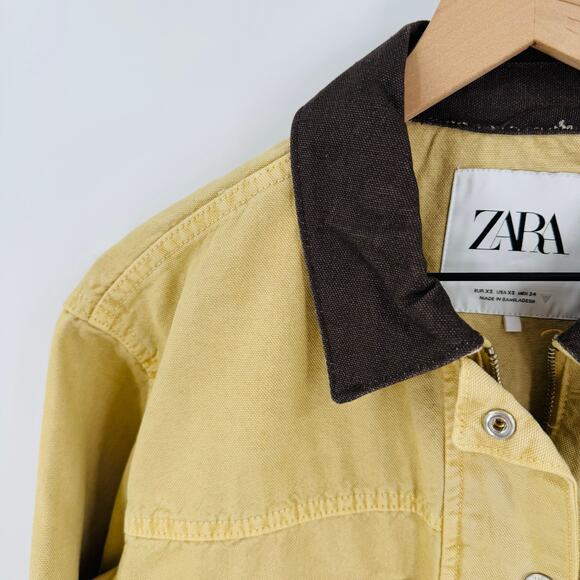 Zara Cropped Utility Barn Jacket Tan Corduroy Contrast Collar Drawstring Hem XS - Picture 4 of 7